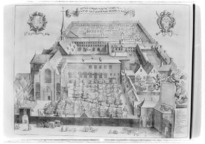 Lámina titulada: Mons omnium sanctorum conventus Anturpiensis fratrum Min. Reg. Obs., en el libro de Antoni Sandri, Choregraphia Sacra, tomo 3, 1664.
