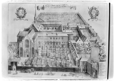 Lámina titulada: Mons omnium sanctorum conventus Anturpiensis fratrum Min. Reg. Obs., en el libro de Antoni Sandri, Choregraphia Sacra, tomo 3, 1664.
