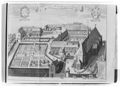 Lámina titulada: Conventus Fratrum Minorum Regularis Observantae in verbe Mechlinia, del libro de Antoni Sandri, Choregraphia Sacra, tomo 3, 1664.
