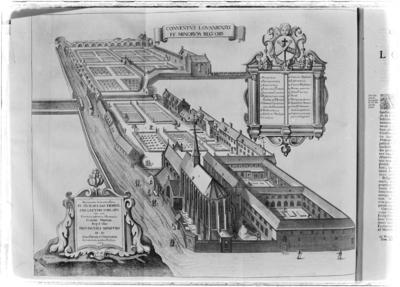 Lámina titulada: Conventus Lovaniensis, FF. Minorum Reg:Obs., del libro de Antoni Sandri, Choregraphia Sacra, tomo 3, 1664.
