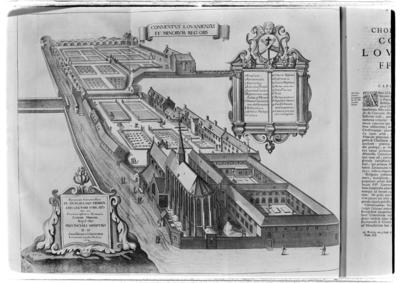 Lámina titulada: Conventus Lovaniensis, FF. Minorum Reg:Obs., del libro de Antoni Sandri, Choregraphia Sacra, tomo 3, 1664.