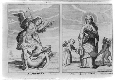 Lámina titulada: S. Michael y S. Gudila en el libro de Antoni Sandri, Choregraphia Sacra, tomo 3, 1664.
  