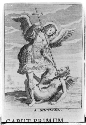 Lámina titulada: S. Michael y S. Gudila en el libro de Antoni Sandri, Choregraphia Sacra, tomo 3, 1664. Detalle de S. Michael.