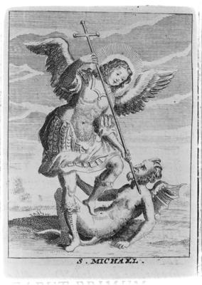 Lámina titulada: S. Michael y S. Gudila en el libro de Antoni Sandri, Choregraphia Sacra, tomo 3, 1664. Detalle de S. Michael.
